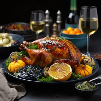 Thanksgiving dinner. A traditional roast turkey dish is on the table.