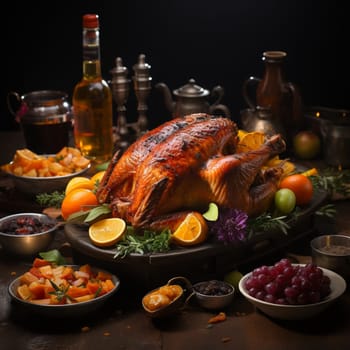 Thanksgiving dinner. A traditional roast turkey dish is on the table.