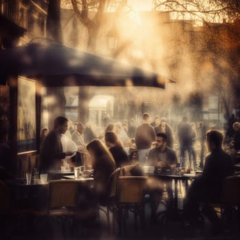 Blurred image of a street cafe or bar in the light of evening lights. In summer people sit at cafe tables.