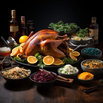 Thanksgiving dinner. A traditional roast turkey dish is on the table.