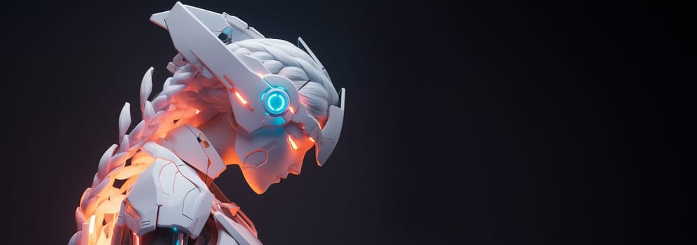 Futuristic cyborg robot neon. Smart city on head AI in image female cyborg or robot woman. Artificial intelligence, IOT technology,bionic in armor. neon light cyberpunk 3D design Space for text