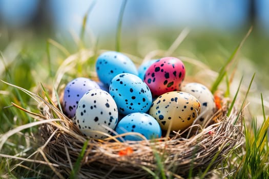 Colored quail eggs in a nest on green grass. Happy Easter.