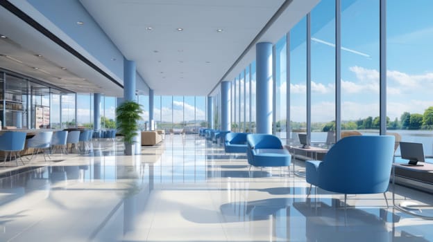 A beautiful modern spacious office hall with panoramic windows and a perspective in pleasant blue tones.