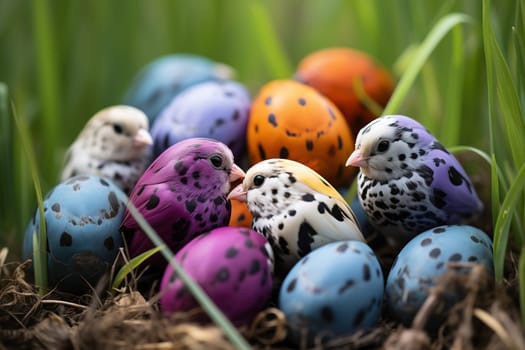Colored quail eggs and chicks in a nest on green grass. Happy Easter.