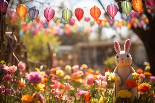 Easter nature background with white bunny in flowers and garland.