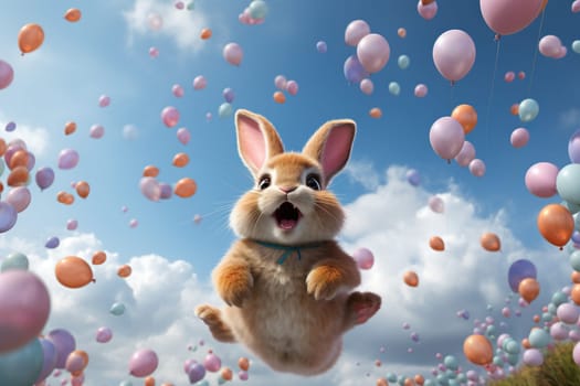 Easter bunny jumping in the sky surrounded by balloons.