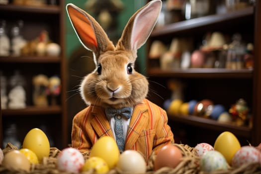 A gray bunny in a suit sells Easter eggs in a store.