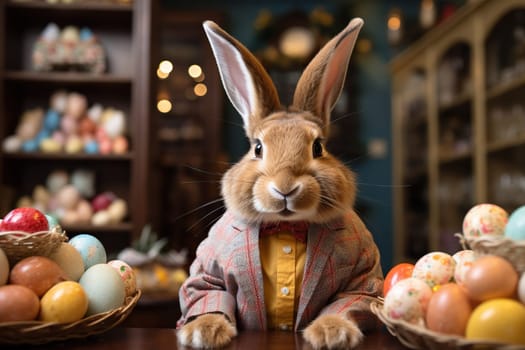 A gray bunny in a suit sells Easter eggs in a store.