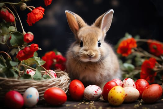 Easter background with bunny, colored eggs and flowers on a wooden table.