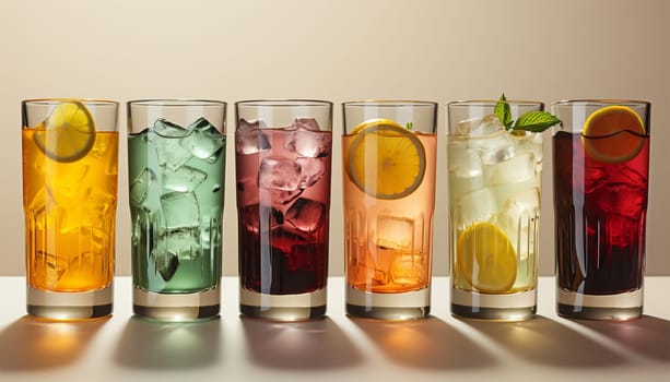 Row of various drinks on light background. Collection of various alcoholic cocktails drink glasses, icons set, different kind of mocktails colorful. Cocktail party concept celebration