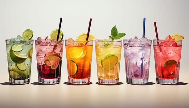 Row of various drinks on light background. Collection of various alcoholic cocktails drink glasses, icons set, different kind of mocktails colorful. Cocktail party concept celebration