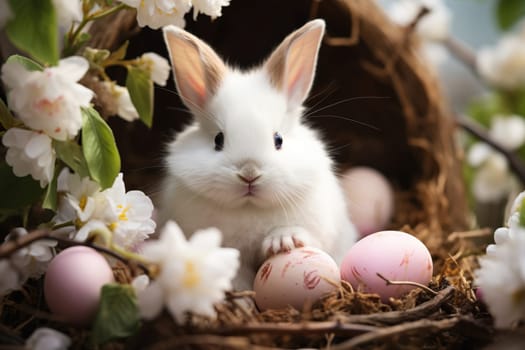 A white little rabbit sits in a nest with Easter eggs.
