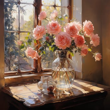 A bouquet of pink roses in a glass vase on a table near the window. Romantic gift. Illustration for cover, interior design. AI Generated.