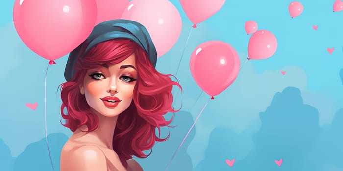 Portrait of pretty young woman with pink balloons, pink color and girl concept