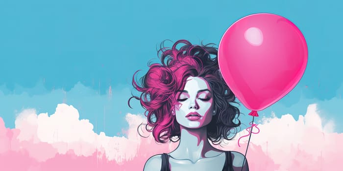 Portrait of pretty young woman with pink balloons, pink color and girl concept