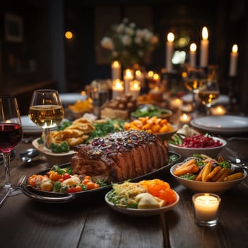 Thanksgiving dinner. A traditional roast turkey dish is on the table.