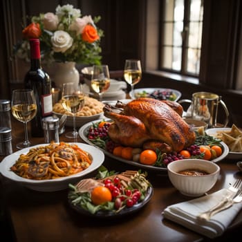 Thanksgiving dinner. A traditional roast turkey dish is on the table.