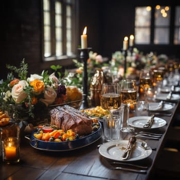 Thanksgiving dinner. A traditional roast turkey dish is on the table.