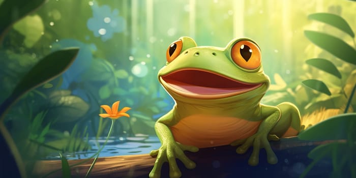 Portrait of smiling frog in the nature, tailless amphibian with a short squat body, moist smooth skin, and very long hind legs for leaping