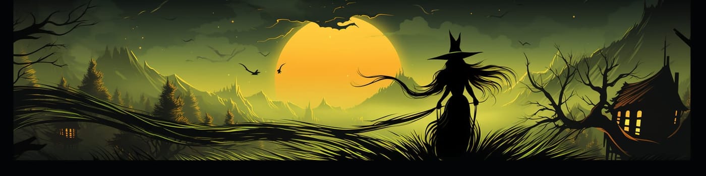 Witch with broom at night, horror scary concept