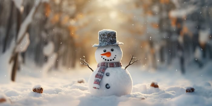 A smiling snowman outside during lovely winter time with lot of snow around
