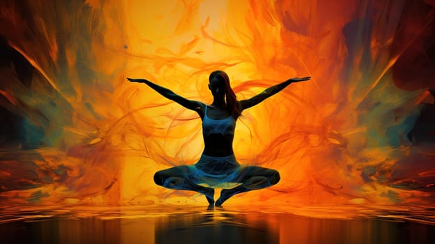 Young woman meditation during yoga training with an abstract effects around, healthy lifestyle concept