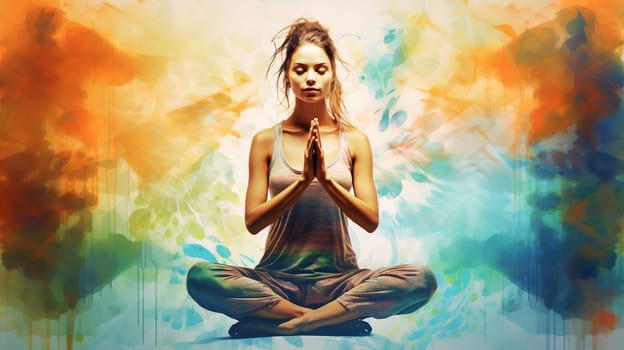 Young woman meditation during yoga training with an abstract effects around, healthy lifestyle concept