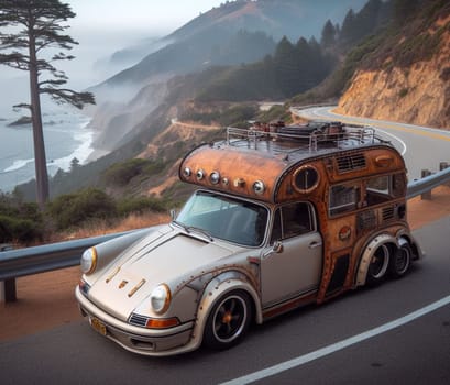 classic german 911 sport supercar steampunk design camper van conversion for digital nomad adventure weekender ai art generated