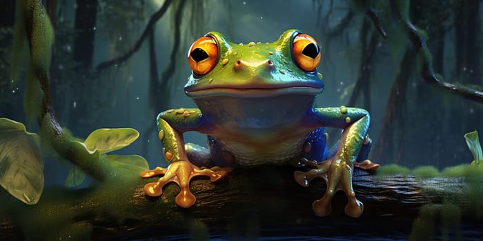 Portrait of smiling frog in the nature, tailless amphibian with a short squat body, moist smooth skin, and very long hind legs for leaping