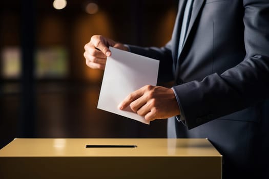 A male voter in a business suit places a ballot in the ballot box. The concept of freedom, democracy. Blurred background.