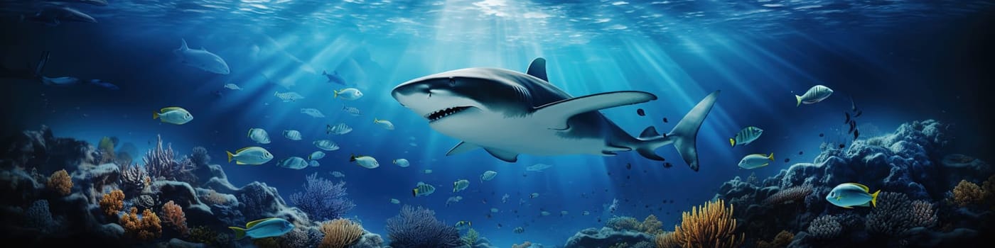 Shark underwater by a coral at sea, nature concept
