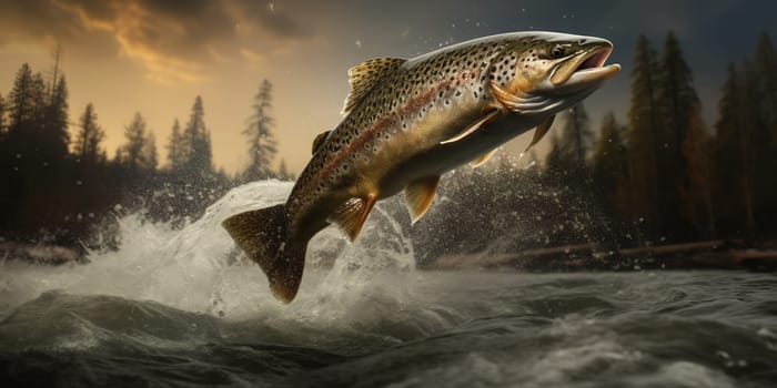Trout jumping out of the wild lake, a fishing concept
