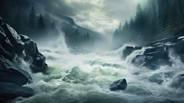 Turbulent river in the wild nature, large natural stream of water flowing in a channel to the sea, a lake, or another such stream
