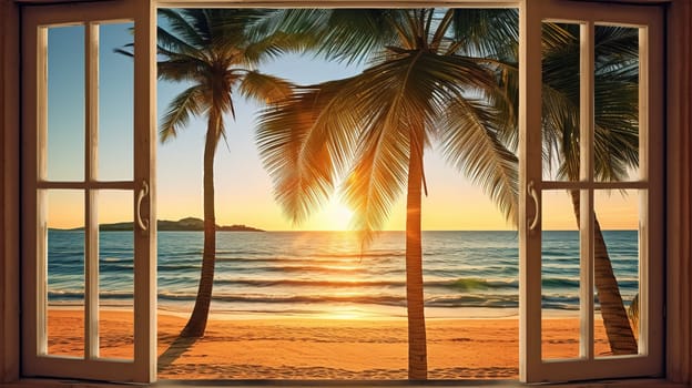 View from the window to a beach with sea and palms during lovely summer sunset