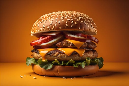 Big tasty hamburger on wooden table. ai generative
