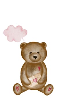 Watercolor drawing of a cute bear with a love letter. Valentine's day card template with cute teddy bear. Holiday card for loved ones.