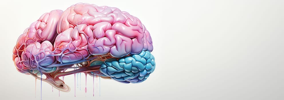 Colorful human brain on white background. Left right human brain concept. Creative part and logic part with social and business doodle watercolor design copy space. Concept human thinking Space for text