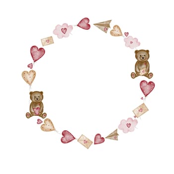 Round watercolor frame for Valentine's day with a bear, a letter with love hearts, balloons and an airplane. A wreath of cute pictures for decorating cards and invitations.