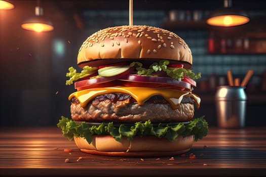 Big tasty hamburger on wooden table. ai generative