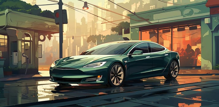 Watercolor painting of cool cyberpunk futuristic green sports car, fantasy art. High quality photo