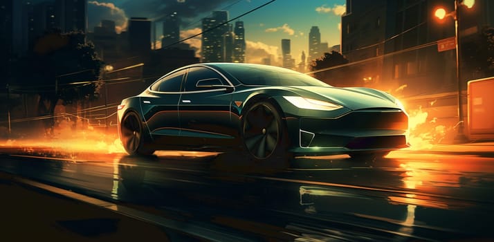 Watercolor painting of cool cyberpunk futuristic green sports car, fantasy art. High quality photo