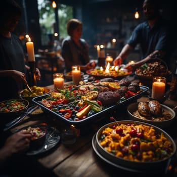 Thanksgiving dinner. A traditional roast turkey dish is on the table.