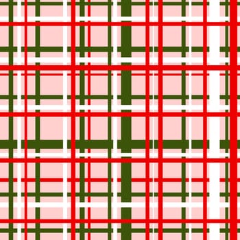 Hand drawn seamless pattern of plaid tartan checkered textile print in red green white Christmas. Checks squares lines in abstract geometric modern colorful design. For wallpaper classic nursery decor