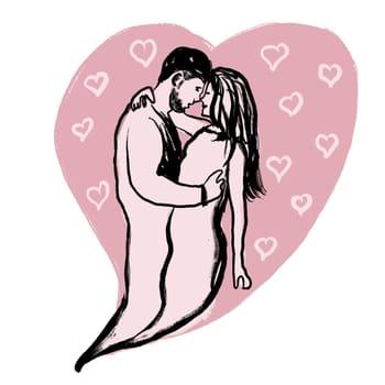 Hand drawn illustration of man woman couple in pink heart. St Valentyine day concept, love affection two dancing embrace, fall in love date adult married romance, happy people