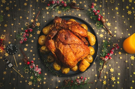 Hot chicken with potatoes in a platter and a wreath of fir branches on a black wooden table with a golden tablecloth with stars, top view close-up.