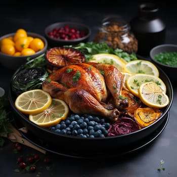 Thanksgiving dinner. A traditional roast turkey dish is on the table.