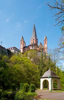 the tower of the church in Limburg an der Lahn , Germany, view of the cathedral during summer day