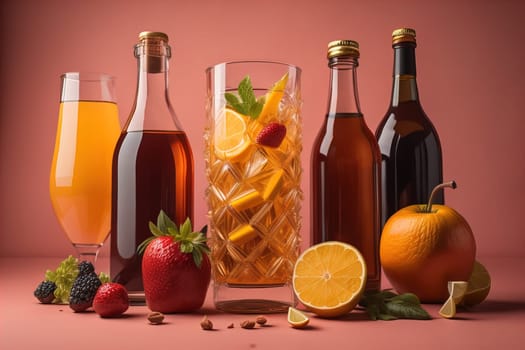 Glasses of sangria with fruits and berries on solid color background. ai generative