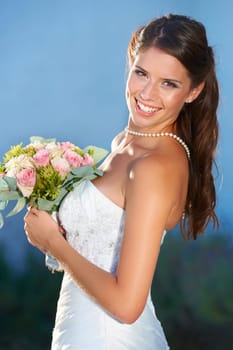 Bride, wedding portrait and smile outdoor for love, commitment and celebration ceremony with confidence. Jewelry, woman and happy from marriage, romance and formal event in a garden with bouquet.