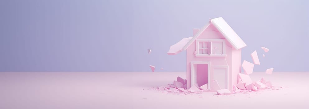 Destroyed house icon.3D pastel color. Concept for family breakup problem or damaged home,house. Needs renovation. Outline destroyed house icon for web design isolated Copy space Space for text